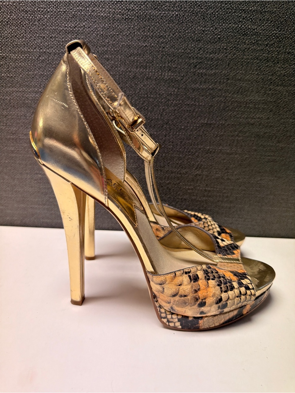 MICHAEL Michael Kors Gold Snake-Print Platform T-Strap Heels